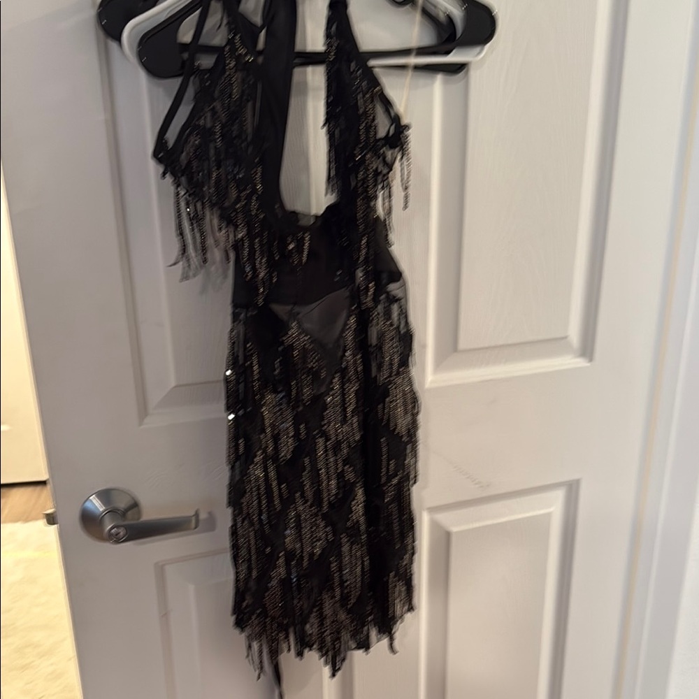 Fashion Nova Black and Gold Fringe Dress